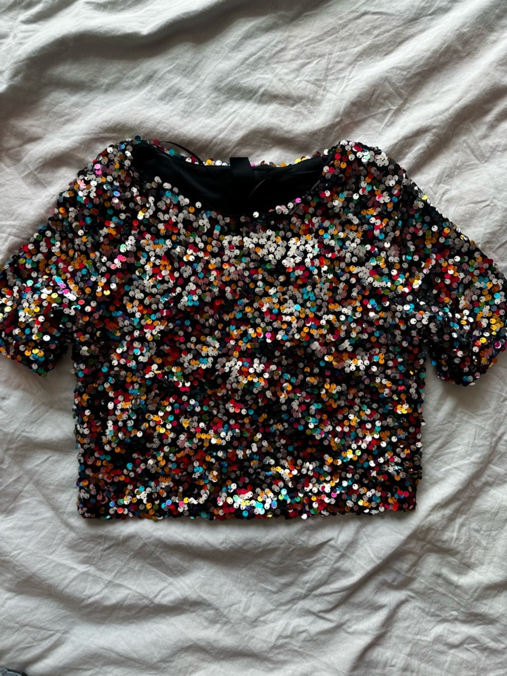 H&M Multicolor Sequin Party Top XS Black Short Sleeve